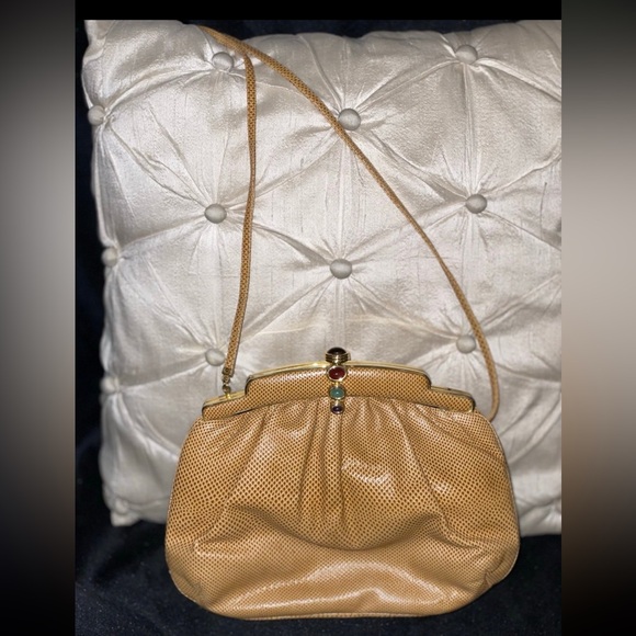 Judith Lieber camel color reptile skin clutch - Picture 2 of 6